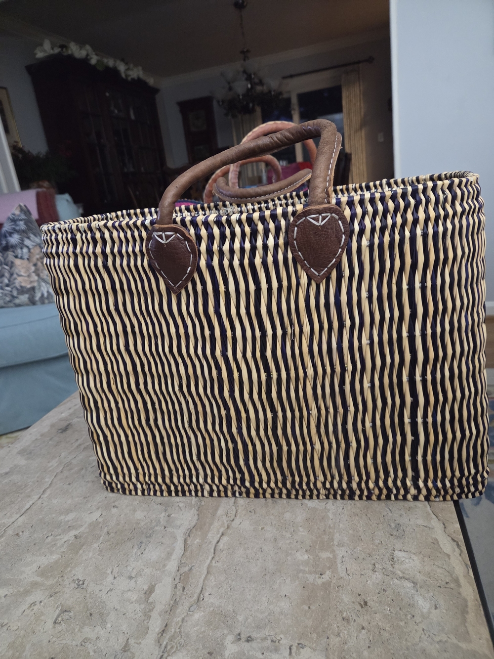 Source Unknown Black and Natural Woven Tote with Brown Handles